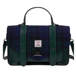 Green and Blue Tartan Women's 100% Harris Tweed Wool And Leather Bag